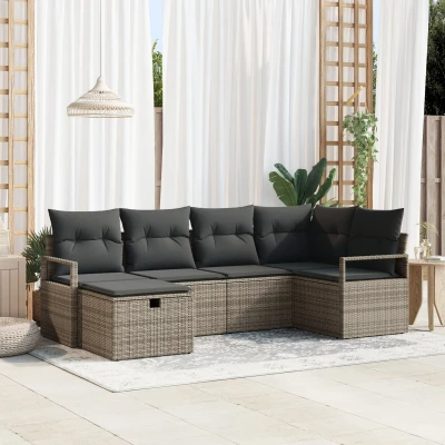 Afbeelding van vidaXL 6 delige tuinsofa set met kussens grijs poly riet
