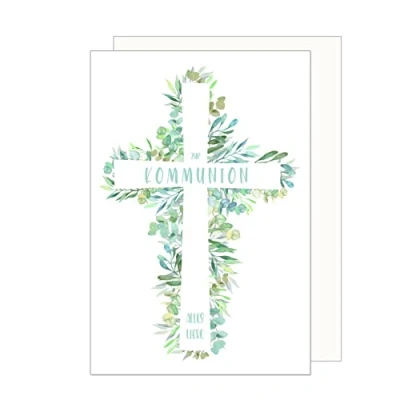 Afbeelding van Edition Seidel Premium communie wenskaart met envelop, kruis groene takken voor jongens en meisjes (KO281 SW023)