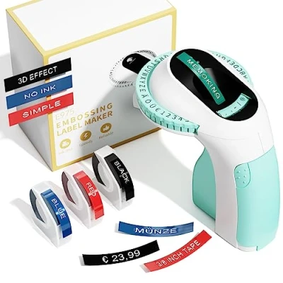 Afbeelding van Memoking E975 3D labelapparaat met 3 rollen etiketten, draagbaar embossing apparaat reliëf, voor thuis, doe het zelf (£/, Ä, Ö, Ü)