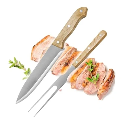 Afbeelding van COM FOUR® 2 delige snijbestekset roestvrijstalen grillbestek met houten handvat vleesmes en vleesvork braadvork (2 snijset hout)