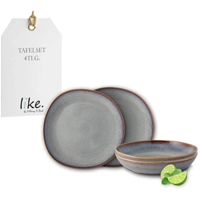 Afbeelding van like by Villeroy &amp; Boch Lave serviesset van aardewerk, 4 p, aardewerklook, tafelservies voor 2 personen, beige