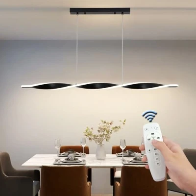 Afbeelding van YNDD Hanglamp, dimbaar, met afstandsbediening, 120 cm, kroonluchter, woonkamer, lang, modern, in hoogte verstelbaar, led, eetkamerlamp, zwart, plafondverlichting voor keuken, restaurant, kantoor,