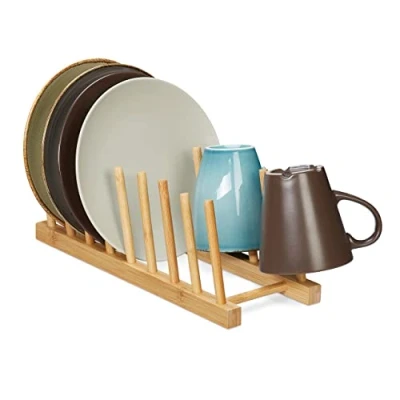 Afbeelding van Relaxdays bordenrek bamboe snijplank houder afdruiprek hout bordenhouder keuken
