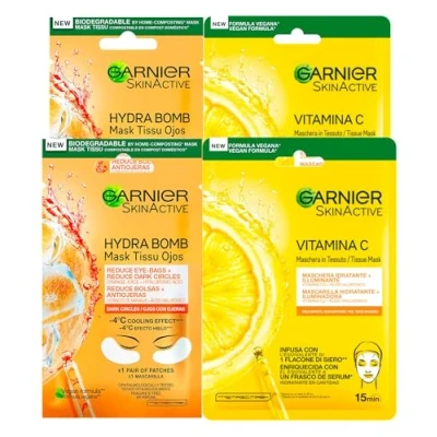 Afbeelding van Garnier SkinActive Hydra Bomb Oogmasker tegen donkere kringen met sinaasappelsap en hyaluronzuur, ijseffect, 4 patches + vitamine C gezichtsmasker van verlichtende hydraterende stof, 2 maskers