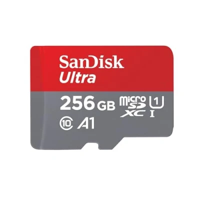 Afbeelding van SanDisk SDSQUA4 256G GN6MA, microSDXC Ultra geheugenkaart 256 Go+ SD adapter Leessnelheid tot 120 MB/s, klasse 10, U1, goedgekeurd A1, rood/grijs
