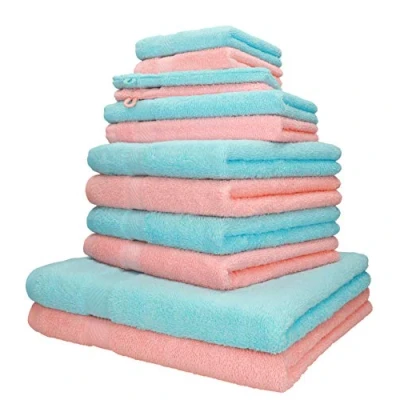 Afbeelding van Betz Palermo handdoeken, 12 stuks, 2 badhanddoeken, 4 gastendoekjes, washandjes, 100% katoen, kleur abrikoos en turquoise