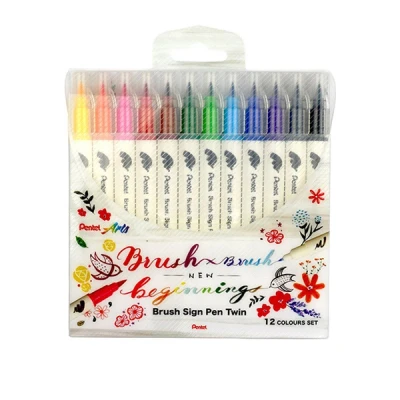 Image de Pochette de 12 Feutres pinceau bi pointe Pentel Brush Sign Pen Twin