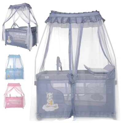 Afbeelding van Lorelli 3 in 1 babybed en box, hemel, bedhemel met 2 niveaus, kinderbed vanaf de geboorte, reisbed, aankleedkussen, wielen, tas, grijs