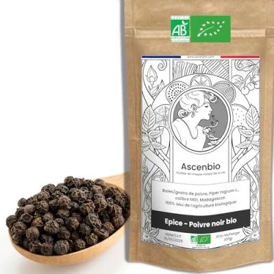 Image de Ascenbio ✿ Poivre noir BIO MG1 de Madagascar 100 g Préparé et conditionné en France Emballage biodégradable