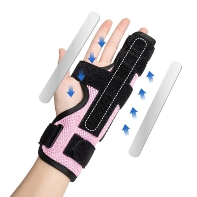Afbeelding van YiYame Hand vinger orthese, druk spalk, metaal Rhizoartrose linker en rechterhand voor gebroken vinger, verstuikingen, breuken, tendinitis, artritis, pijnverlichting, roze, L