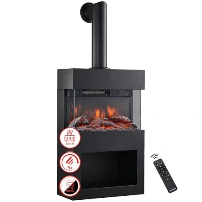 Afbeelding van KAMINIO Elektrische haard HENRI met rookafvoerbuis houtkachel verwarming, 3D vlameffect, houtopslag, afstandsbediening Zwart
