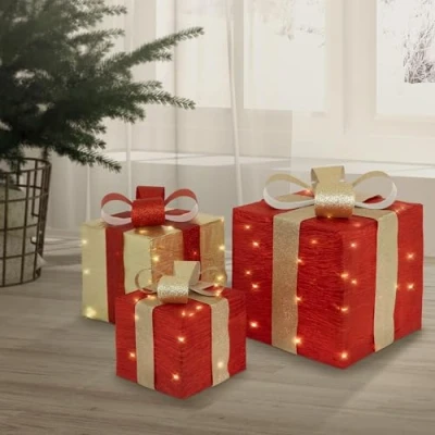 Afbeelding van ECD Germany Set van 3 led geschenkdozen met 90 warmwitte leds, rood goud, structuur metaaldraad, kerstdecoratie voor binnen, verlichte geschenkdoos, werkt op batterijen timer