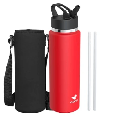 Afbeelding van AORIN Roestvrijstalen drinkfles, 1000 ml, lekvrij, waterfles met rietje, BPA vrij, voor kinderen, sport, school, fitness, outdoor