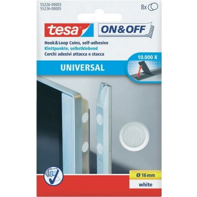 Afbeelding van TESA On &amp; Off 55226 03 00 Klittenband punten Om vast te plakken Haak en lusdeel (Ø) 16 mm Wit 8 paar