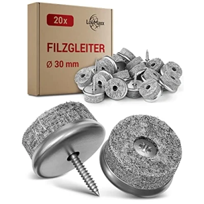 Afbeelding van LouMaxx Stoelglijders en meubelglijders met schroeven, 20 stuks, rond, Ø 30 mm, grijs, glijders van vilt, 6 mm dik, houders metaal, hoogwaardige vloerbescherming