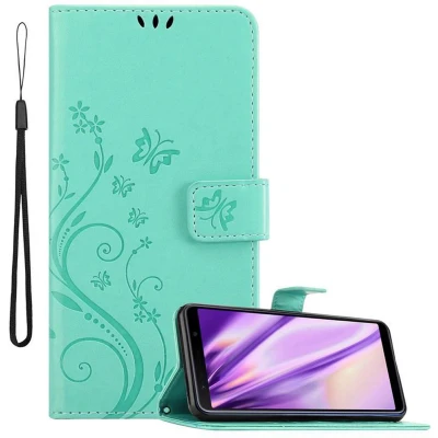 Afbeelding van Cadorabo Hoesje geschikt voor Samsung Galaxy A7 2018 in BLOEMEN TURKOOIS Beschermhoes bloemmotief met magnetische sluiting, standfunctie en kaartsleuven Book Case Cover Etui