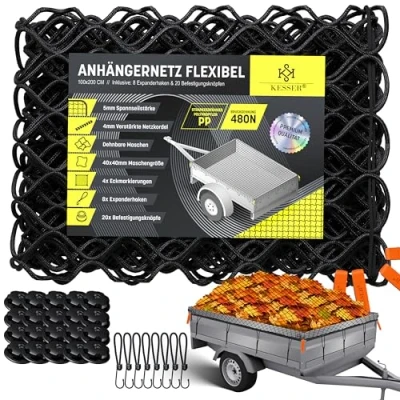 Afbeelding van KESSER® Aanhangernet 1 x 2 m rekbaar fijnmazig Ophangnet met trekkoord en netkoord voor het vastzetten van de lading Elastisch veiligheidsnet markeringen