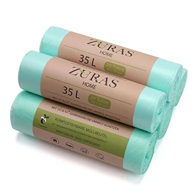 Afbeelding van ZURAS® 100 stuks biologische afvalzakken van 35 liter, composteerbaar en biologisch afbreekbaar op plantaardige basis, gecertificeerd getest volgens DIN 13432, scheurvast waterdicht