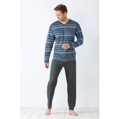 Afbeelding van Hajo heren pyjama met strepen Blauw Maat 62