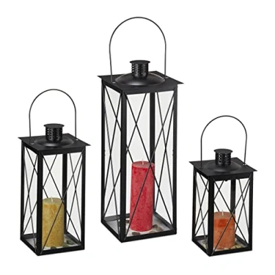 Afbeelding van Relaxdays Lantaarn set van 3 windlicht metaal glas kaarslantaarn retro zwart