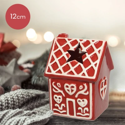 Afbeelding van Rode waxinelichthouder huisje met Stippen dak van dolomiet 12cm kerstdecoratie kerst luxe theelichthouder voor kaarsjes