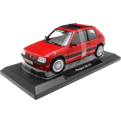 Afbeelding van het 1:18 gegoten model van De Peugeot 205 1.9 GTI PTS velgen uit 1992 in rood. fabrikant schaalmodel is Norev. Dit alleen online verkrijgbaar