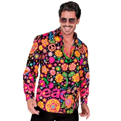 Afbeelding van Widmann Trendy feesthemd, hippie motief, neon, herenhemd, Flower Power, Peace, Showmen