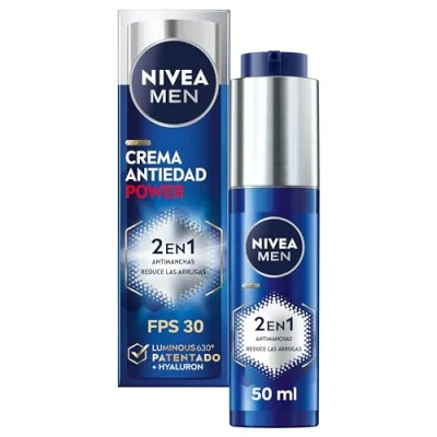 Afbeelding van NIVEA MEN POWER 2 in 1 vochtinbrengende crème tegen vlekken en rimpels (1 x 30 ml), anti aging gezichtscrème met FP30 bescherming, zonnecrème Luminous 630 hyaluronzuur