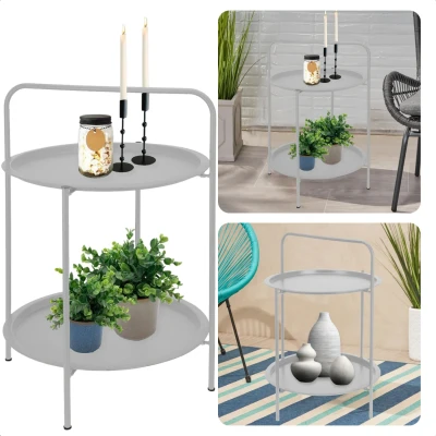 Afbeelding van Cheqo® Bijzettafel 50 cm Metaal (gepoedercoat) Mat licht grijs 66 Hoogte 2 Verdiepingen Tafeltje Tuintafel voor Binnen en Buiten Nachtkastje