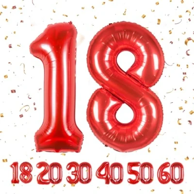 Afbeelding van ballonnen verjaardag 18 rood 100 cm ballon cijfer 18, nummer Happy Birthday decoratie, ballonnen, verjaardagsfeest, jaren vliegt dankzij helium