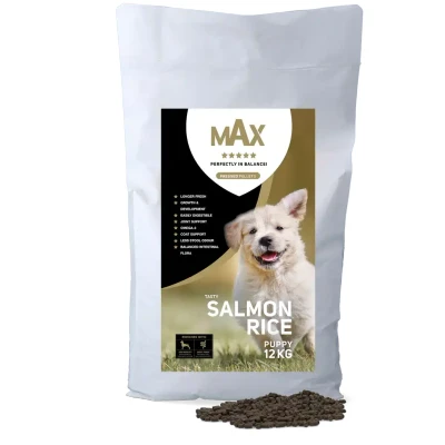 Afbeelding van Max Puppy Zalm en Rijst Hondenvoeding 12 kg Droogvoer Geperste Hondenbrokken verminderd Ontlastingsgeur makkelijk Verteerbaar Glutenvrij met Lijnzaadolie voor Puppy’s Opgroeiende Honden