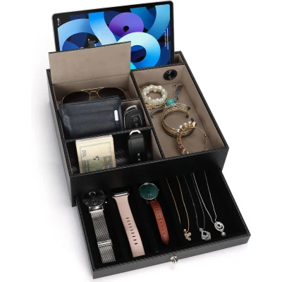 Afbeelding van Belle Vous Zwart Faux Leren 5 Compartimenten Valet Nachtkast Organizer Tray Bureau Opslag Doos voor Beurs, Telefoon, Sleutels, Sieraden, Heren Accessoires, Geld, Manchetknopen Allesvanger