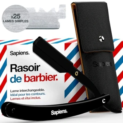 Image de Sapiens Rasoir à Barbe Droit de Barbier Noir avec 10 Lames Derby (20 Demi Lames) et Étui Protecteur Coupe Choux Lame Interchangeable Homme Manuel (Rasoir barbier)