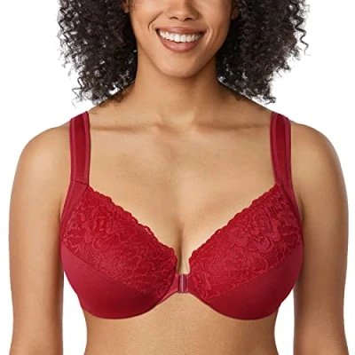 Afbeelding van Delimira BH met voorsluiting voor dames, ongevoerd kant, grote maat, beugelbeha, Rood