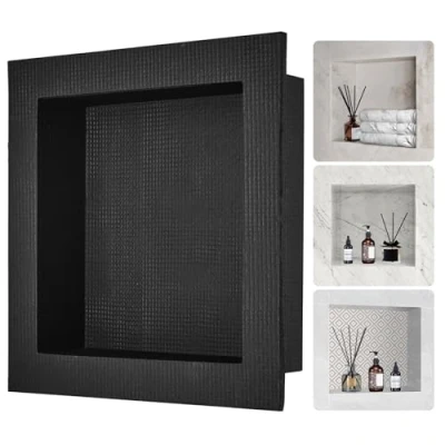 Image de VEVOR Niche Encastrable Salle de Bain 40,64x40,64x10 cm Douche Murale Étagère Simple en Plastique XPS Coins Carrés Protection Scellée Moderne pour Stockage Savon Bains, Noir