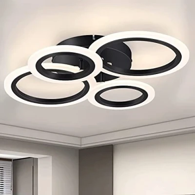 Afbeelding van Moderne led plafondlamp, 48 W, zwart, 4 ringen, met afstandsbediening, geschikt voor keuken, woonkamer, slaapkamer, helderheid en kleurtemperatuur dimbaar