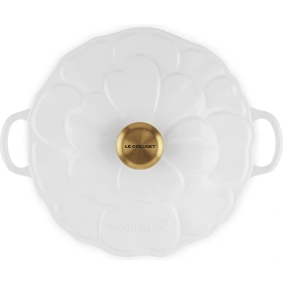 Afbeelding van Le Creuset Campagnard Bloesem Signature Rond Wit Met Gouden Rvs Knop 26 Cm