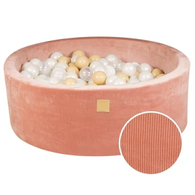 Afbeelding van Fluwelen Abrikozen Kleurige Rib Stof Ballenbak Ballenbakje België Wit Parelmoer/Beige/Transparant