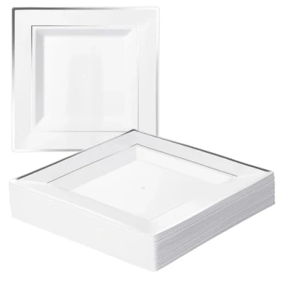 Afbeelding van MATANA 20 Witte Vierkante Plastic Borden met Zilveren Rand (24cm), Feestbordjes voor Bruiloften, Verjaardagen, Dopen, Kerstmis &amp; Feesten Stevig en Herbruikbaar
