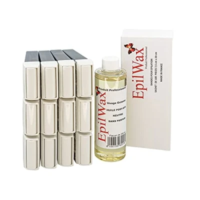 Afbeelding van EpilWax 12 x roll on wax met azuleen + 100 ontharingsstrips olie na ontharing benen, oksels, lichaam gemakkelijk te verdelen en verwijderen