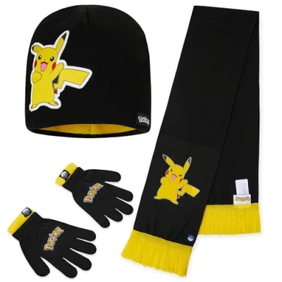 Afbeelding van Pokemon Wintermuts en handschoenen set of muts, sjaal voor kinderen, zwart/geel, 3 stuks