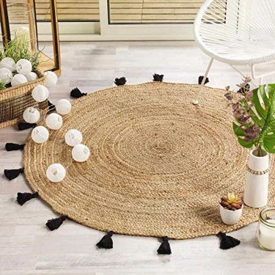 Afbeelding van douceur d&#039;intérieur, Rond vloerkleed (diameter 120 cm) Shira Zwart, Jute afwerking Pompons