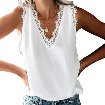 Afbeelding van Tanktop voor dames, met kant en V hals, casual tanktop, mouwloos, kant, blouse, Wit.