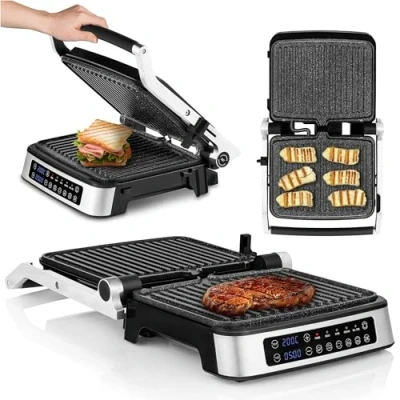 Afbeelding van ZEEGMA Elektrische grill en broodrooster, 2100 W, afneembare verwarmingsplaten, 2 in 1, 180 te openen, ILAG platen met antiaanbaklaag, lekbak, geluidsmeldingen, timer (zilver)