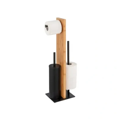 Afbeelding van WENKO Toiletbutler Lesina zwart en bamboe Toiletborstel met houder, Toiletrolhouder Reserverolhouder