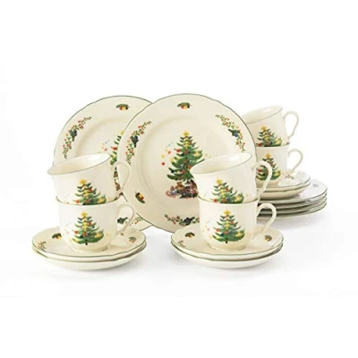 Afbeelding van Seltmann Weiden Marieluise 18 delig koffieservies crème voor maximaal 6 personen, bestaande uit platte borden en ontbijtborden, van hard porselein, groen/meerkleurig, 8