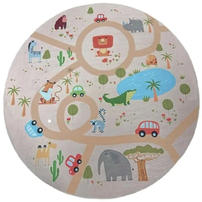 Afbeelding van the carpet Happy Life Tapis de jeu, pour chambre d&#039;enfant, motif rue, route, jungle, animaux et voitures, beige 2, 160 cm, rond
