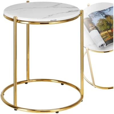 Afbeelding van tectake® Bijzettafel Ellsa Marmeren Blad 43 x 50,5 cm Wit/Goud Koffietafel Salontafel Tafeltje voor Woonkamer, Slaapkamer of Kantoor Draagkracht 12kg Banktafel Bedtafel