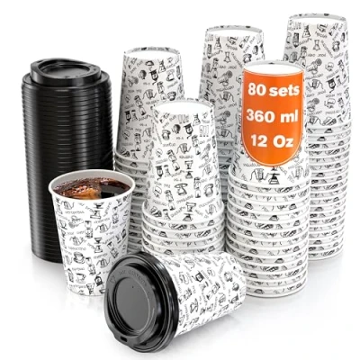 Afbeelding van CupCup 80 Enkele Wand Afhaalmaaltijden Koffiekopjes voor 360 ml met Deksels en Houten Roerstaafjes het Serveren van Koffie, Thee, Warme Koude Dranken
