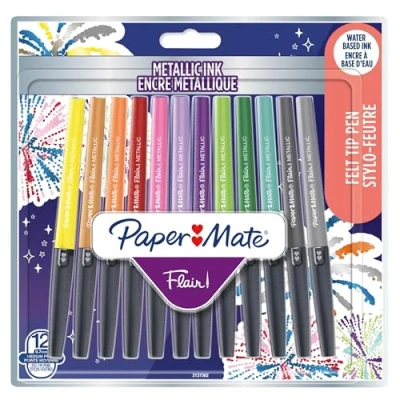 Afbeelding van Paper Mate Flair metalen viltstiften glitterende inkt schijnt op wit papier diverse kleuren medium punt (0,7 mm) 12 stuks